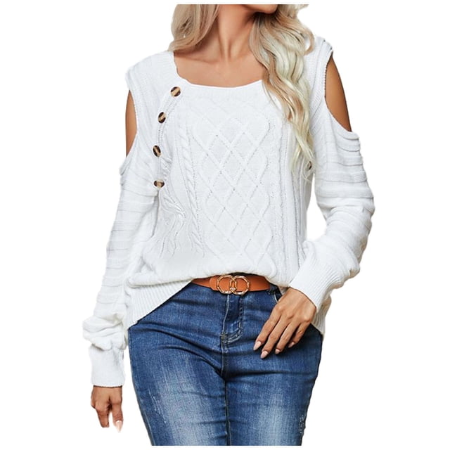 Yuyuzo Womens Crewneck Tops Long Sleeve off Shoulders Button Knit Pullover Solid Color Fall Tops
