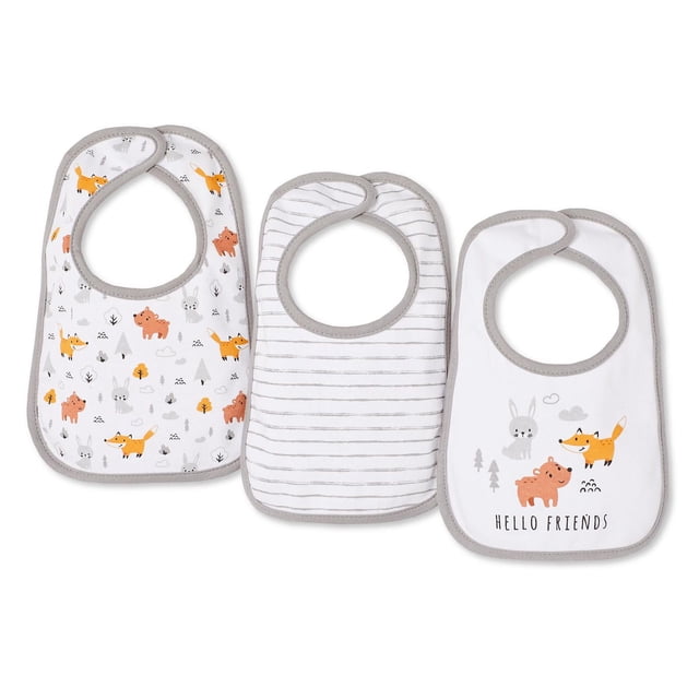 George infants' gender inclusive bib 3-pack includes three one-size cotton bibs with grey trim; one with woodland animal prints, one with grey stripes, and one with animal illustrations and 'Hello Friends' text, all featuring Velcro-strap closures for secure fit during feeding.