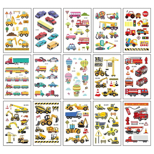 Temporary Tattoos For Adult And Kids, Waterproof Fake Tattoo Stickers featuring a set of 15 multicolour sheets with over 250 designs. The designs include themes such as vehicles, construction equipment, and hot air balloons, displayed in vibrant colors. Each sheet measures 12x7.5 cm and is waterproof, sweat-resistant, and durable, lasting 3-5 days. Suitable for parties, gifts, and creative fun.
