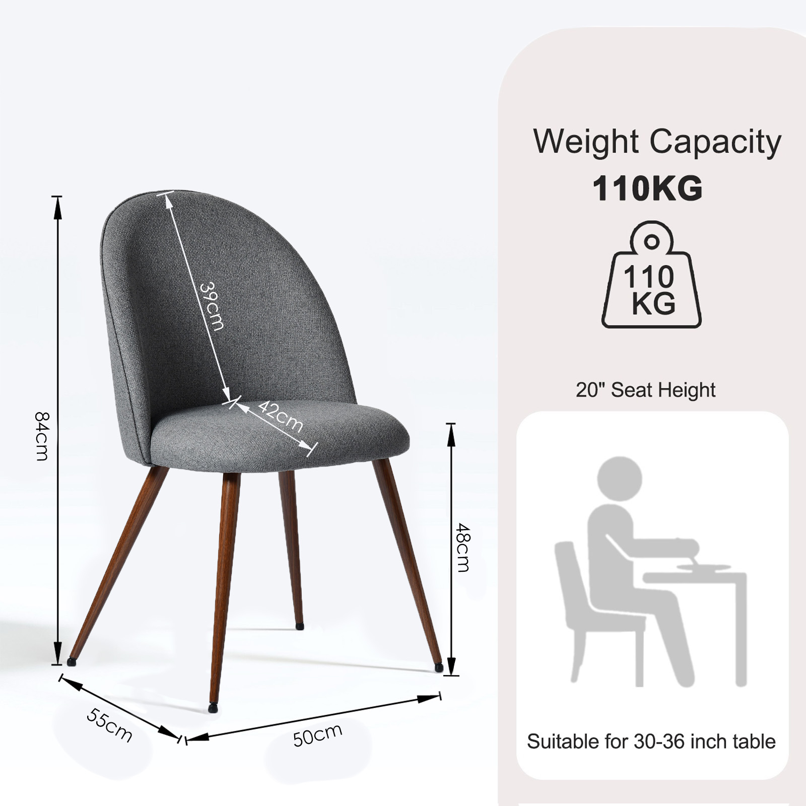 Lot de 2 chaises de salle à manger Homy Casa sans accoudoirs avec dossier incurvé et rembourré, tissu gris