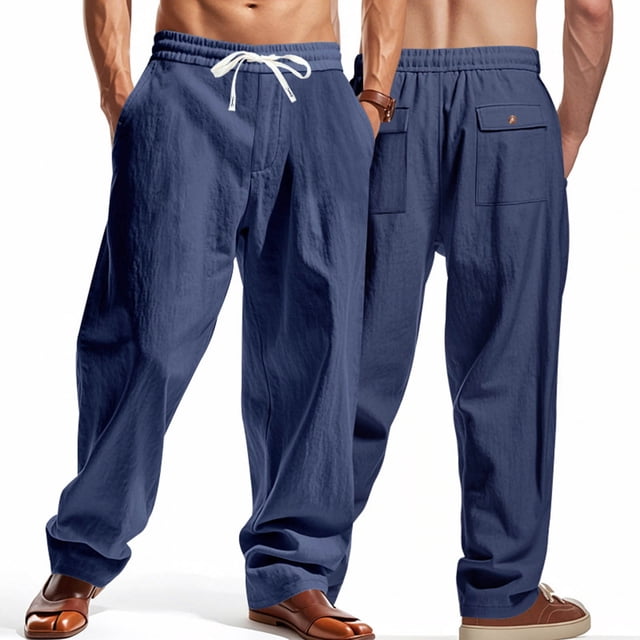 asjyhkr Mens Linen Pants Wide Leg Drawstring Elastic Casual Pants Workout Running with Pockets