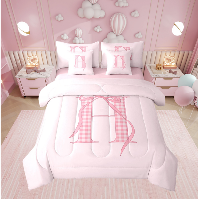 Erosebridal Ensemble de Lit Nœud Papillon Taille Simple pour Adolescents, Ensemble de Lit Lettre H Initiale, Décor Monogramme, Réversible