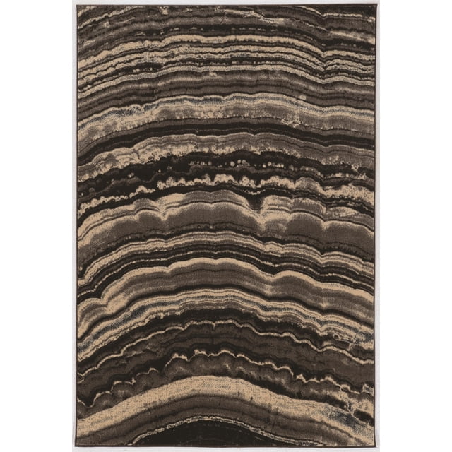 5X7.6 MASTERS XYLEM rectangular area rug in brown and cream featuring power-loomed polypropylene with layered wavy stripes resembling natural stone, equipped with an action back and latex for durability, suitable for accent use and often used as a decorative floor covering.