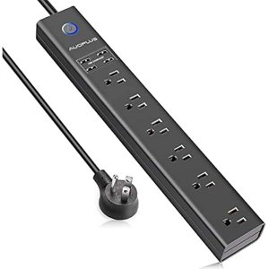 Surge Protector Power Strip with USB, AUOPLUS 10FT Outlet Strip, 6 Outlet and 4 USB Charger,[Flat Plug/Wall Mountable], 1250W/10A/2100J, Long Extension Cord for Computer iPhone Home Office Dorm