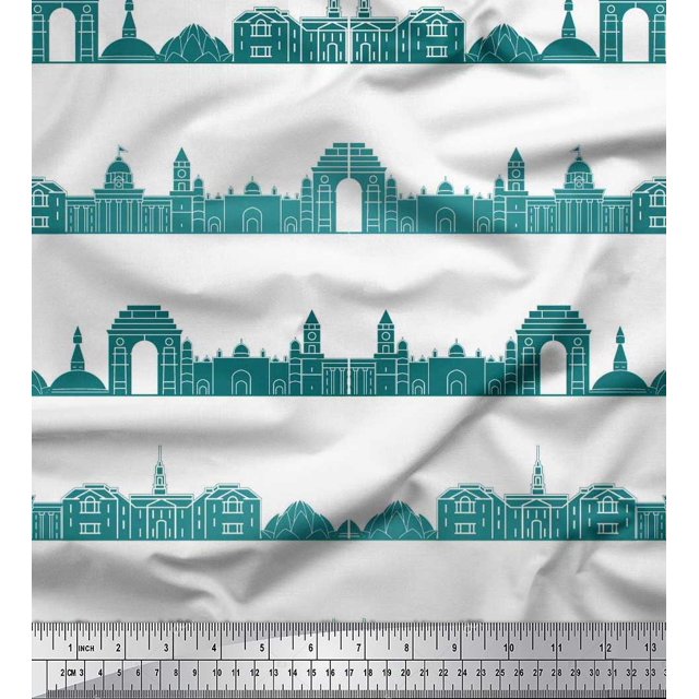 Soimoi Green Georgette Viscose Fabric Indian Monuments Architectural Decor Fabric Printed Yard 42 Inch Wide