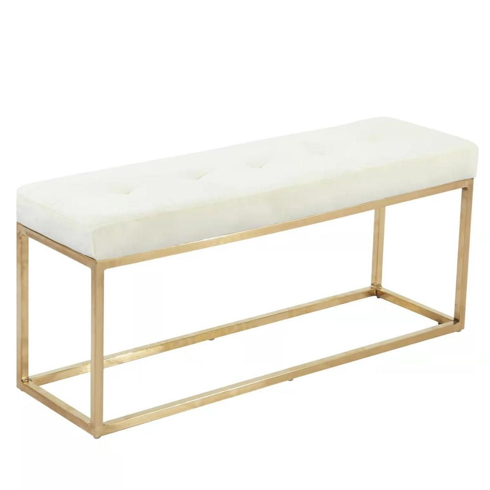 Heavenly Collection Beige Velvet Bench, Velvet Bench with Gold Stainless Steel, Stainless Steel Bench, Polished Bench, Velvet Bench, Gold Bench, Entryway Bench