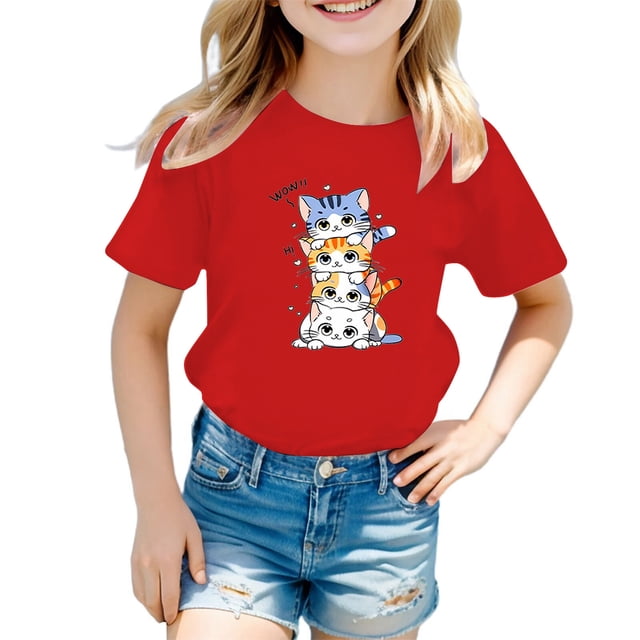 GDREDA Vêtements Fille Enfant Filles Mignon Graphique Col Rond Manches Courtes Tee Été Décontracté T-Shirt Mignon Filles Hauts d'Été Rouge,8-9 Ans