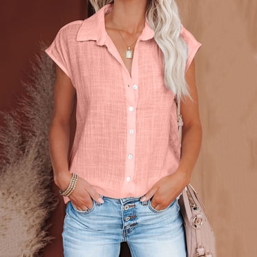 Button Down Shirts For Women,Fashion Women New Style Cotton Linen Solid Color Shirts V Neck Short Sleeve Blouses Summer Casual Ladies Tops