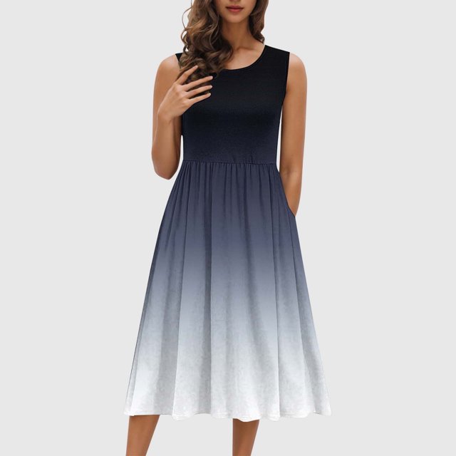 Ovzne Robes pour Femmes Robe d'Été Mode Robes pour Femmes Été Décontracté Col Rond Sans Manches Uni Robes de Plage Boho Robe Robe de Printemps Liquidation