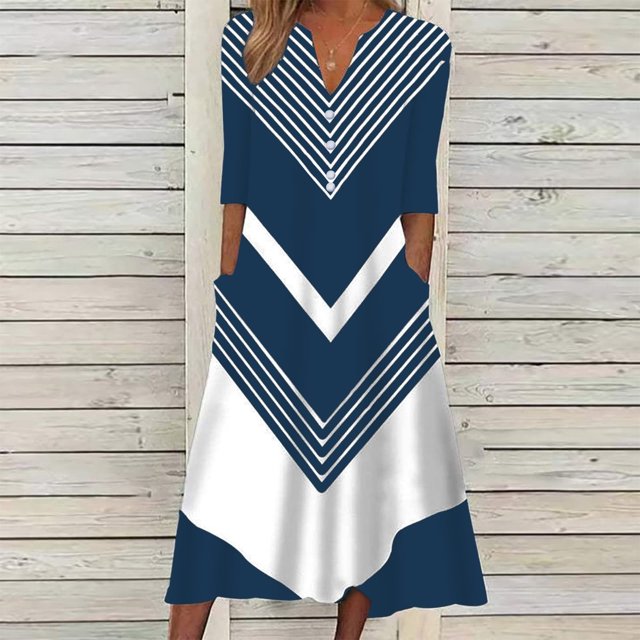 Pisexur Robe à Manches Courtes à Col en V Longueur Genou Mode Femmes Été Imprimé Décontracté Col en V Bouton Manches Courtes Vacances Poches Robe Femmes Robe