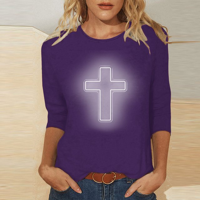 EGNMCR Easter Chemises Imprimées pour Femmes T-Shirts Graphiques Chemises pour Femmes Mode Femme Décontractée Noël Imprimé Col Rond Blouse Imprimée Manches 3/4 T-Shirt Blouses T-Shirts pour Femmes