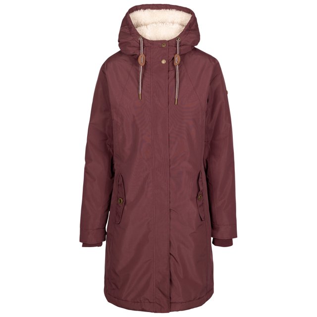 Trespass Manteau Imperméable pour Femmes avec Molleton Sherpa et Rappel de Cagoule Cultivée. Ce Manteau Long au Ton Bourgogne Riche Présente un Extérieur en microfibre Pêchée et une Doublure Douillette en Molleton Sherpa pour la Chaleur et le Confort. Conçu avec une Cagoule Ajustable Cultivée, Deux Poches avant avec Détails de Boutons en Laiton, et un Ourlet Arrondi pour une silhouette Flatteuse. le Manteau Offre une protection Imperméable de 5000 mm, un design Coupe-Vent et des Poignets Côtelés Intérieurs pour une Isolation Accrue. Idéal pour les Activités de Plein Air par Temps Froid et Humide