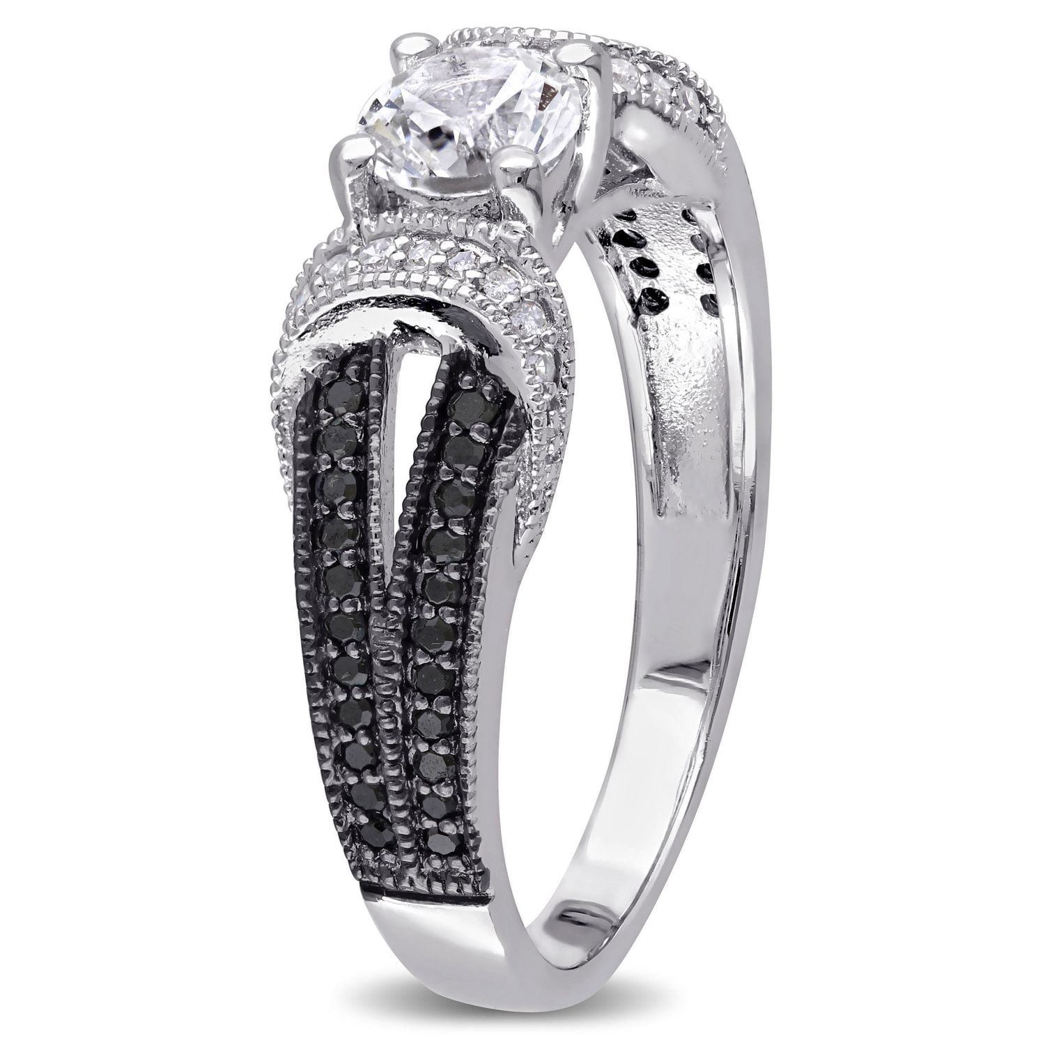 Bague de fiançailles Asteria avec saphirs blancs synthétiques de 0,63 ct PBT et diamants noirs de 0,25 ct poids total en argent sterling