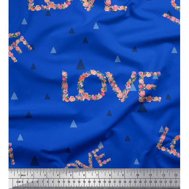 Soimoi Blue Rayon Crepe Fabric Triangle & Floral Love Text Print Fabric by the Yard 46 Inch Wide