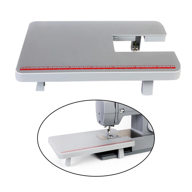Heavy Duty Sewing Machine Table Extension Board for Singer in gray, featuring foldable legs, a durable design, and a red measurement guide along the edge. This portable sewing accessory is compatible with Singer 4411, 4423, 4432, 5511, and 5523 models. Shown attached to a sewing machine for increased workspace.