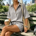 thumbnail image 4 of Cutuo Two Piece Sets for Women Summer Matching Sets, Solid Color Collared V Neck Short Sleeve Button Down Shirt Top and Drawstring Waist Shorts Casual Outfits, 4 of 9