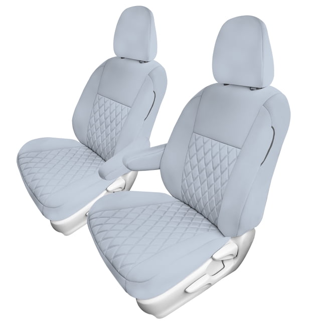 For Toyota Sienna 2011-2020 FH Group Neoprene Waterproof Custom Fit Car Seat Covers in solid gray, including two low-back front bucket seat covers, two separate headrest covers, and a console cover. These custom-fit front seat covers feature a diamond-stitch pattern, airbag compatibility, and water-resistant neoprene and Neosupreme materials. Designed for heated and cooled seats, they are easy to install and provide durable protection.