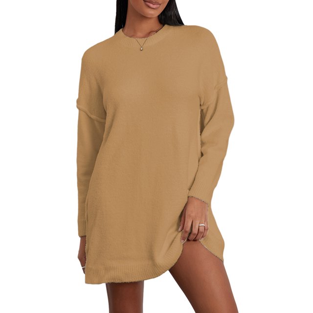 Faithtur Pull Tricoté Automne Hiver pour Femmes Couleur Unie Manches Longues Col Rond Long Tricoté