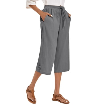 Wo-Fusoul Linen Pants for Women, Solid Color Elastic Waist with Drawstring and Pockets, Cropped Capri Pants, Casual Breathable Trousers