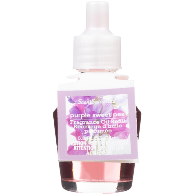 ScentSationals Bouteille de Recharge d'Huile Parfumée Scent Charm Oil Purple Sweet Pea avec Bouchon Blanc Translucide et Étiquette Violette Mettant en Vedette des Fleurs de Pois Sucrés, Contenant 0,8 fl oz (24 ml) d'Huile pour Utilisation dans des Diffuseurs de Désodorisant Domestique.