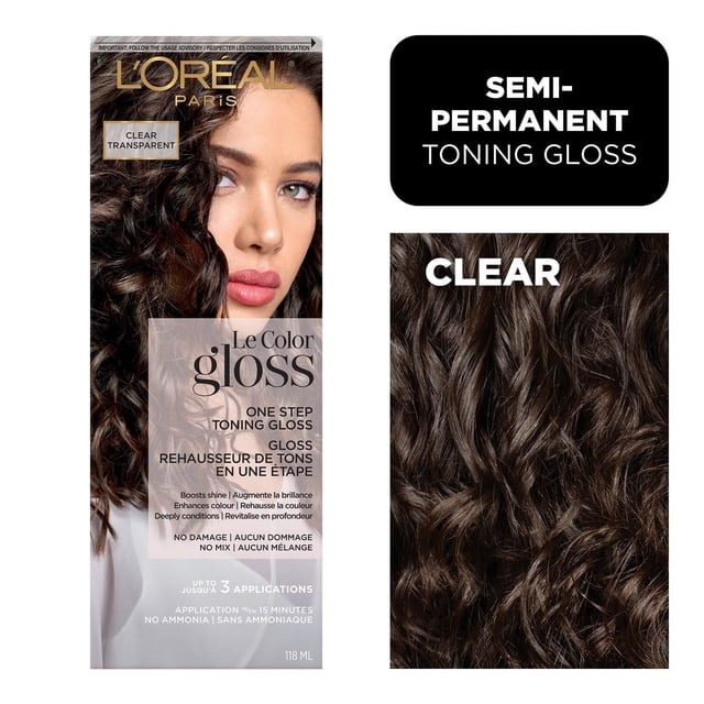 L'Oréal Paris Le Color Gloss One Step Hair Gloss in Clear Transparent, a semi-permanent toning gloss that enhances colour, boosts shine, and deeply conditions hair without ammonia or damage, providing up to 3 applications in 15 minutes for refreshed hair tone.