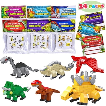 Joyfy 24 Packs Valentines Day Card with Dinosaur Building Blocks, Valentines Day Cards for Kids Boys Class Exchange Gifts