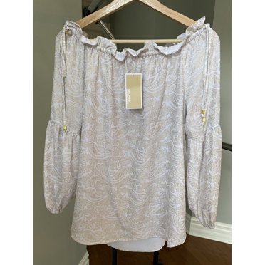MICHAEL KORS Off-The-Shoulder Top Ruffled Women's Blouse Tunic White/Gold M