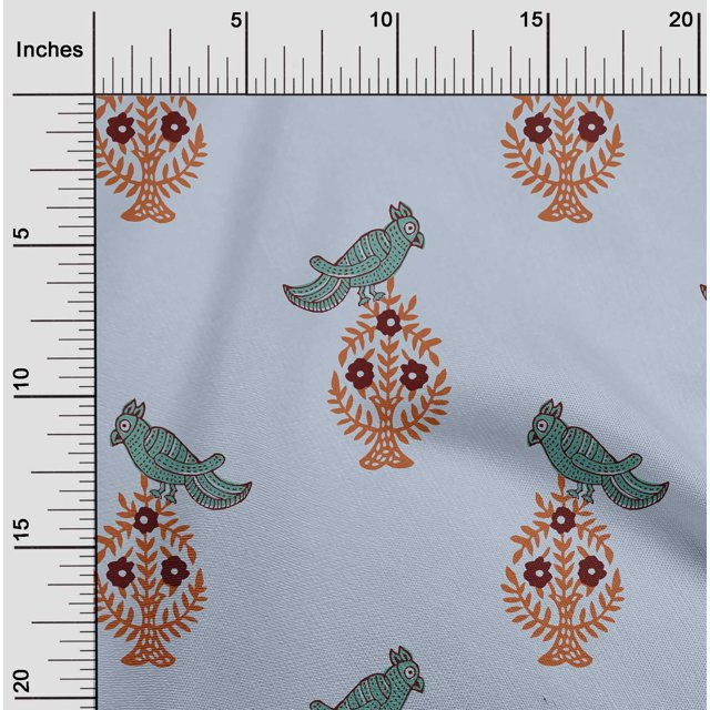 oneOone Georgette Viscose Fabric Leaves|Bird & Floral Block Decor Fabric Printed BTY 42 Inch Wide