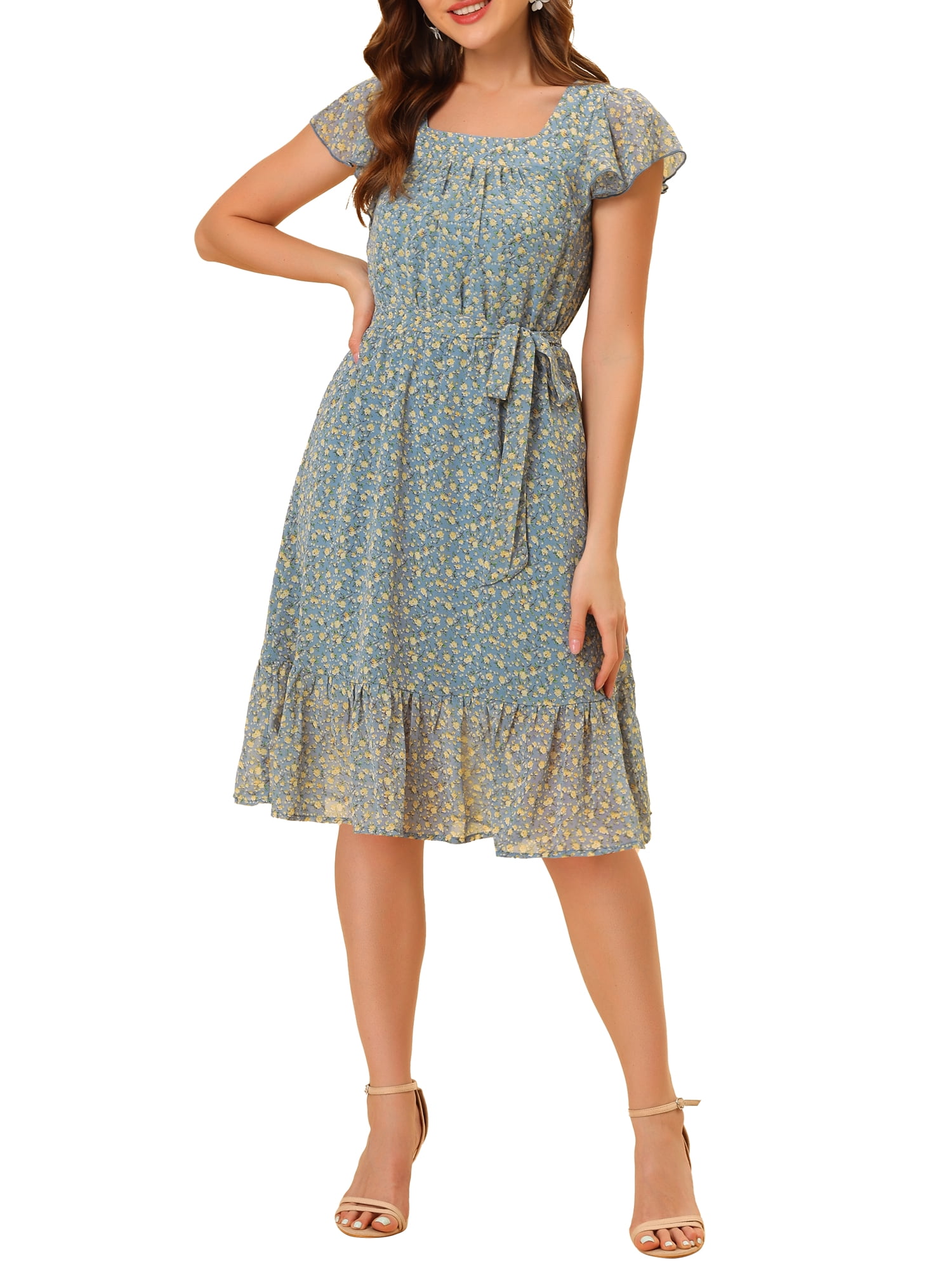 INSPIRE CHIC Women's Dress Floral Square Neck Flutter Cap Sleeves Ruffled Midi Wedding Guest Dress L Blue Gray