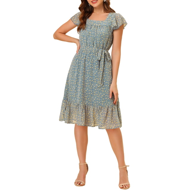 INSPIRE CHIC Robe pour Femme Florale à Encolure Carrée, Manches Volantées Style Cap, Midi à Volants, Robe d'Invitée de Mariage m Bleu Gris