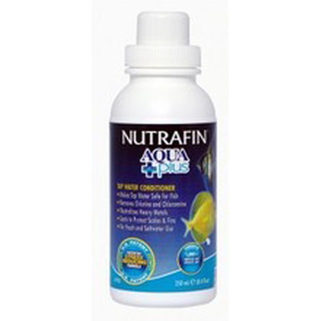 Nutrafin Aqua Plus Tap Water Conditioner for Aquariums 250 ml bottle with white screw cap and blue label featuring aquatic graphics, formulated to neutralize chlorine, chloramine, and metals, reduce fish stress, and protect tropical fish scales and fins.