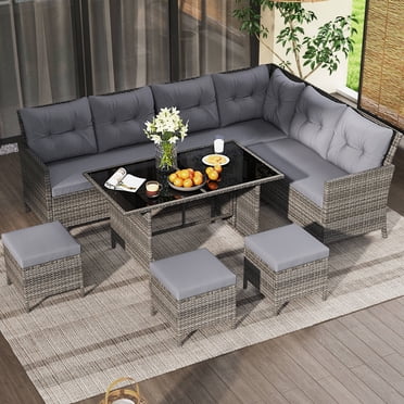 Costway Ensemble de Salle à Manger de Patio 7 Pcs Ensemble de Canapé Sectionnel en Rotin PE avec Coussins Doux Gris