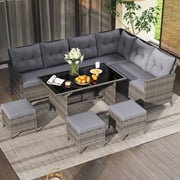 Costway 7 PCS Patio Dining Furniture Set PE Rattan Sectional Sofa Set with Soft Cushions Gray