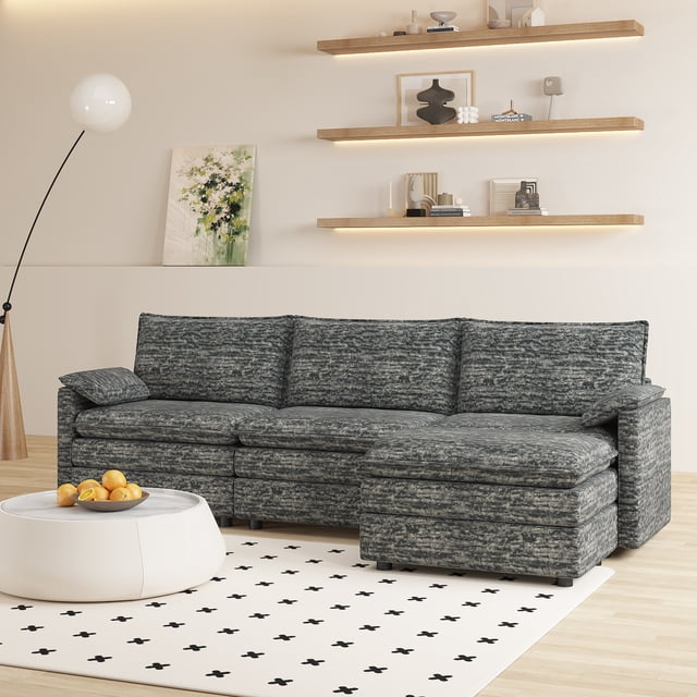 108" Extra Large Modular Sectional Sofa with Ottoman - L-Shaped Cloud Couch, Chenille Upholstery, Removable Washable Covers, Spacious and Comfortable for Living Room or Apartment, Charcoal