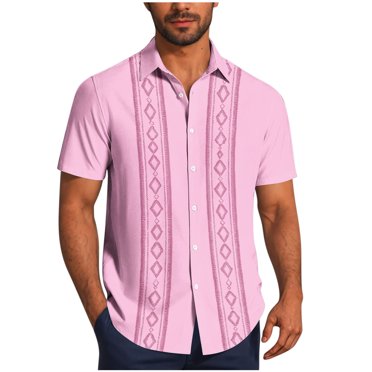 LNWUY Men's Casual Shirt Short Sleeve Vintage Loose Comfort Breathable Shirt Beach Summer Shirts Button Up Shirt Pink S