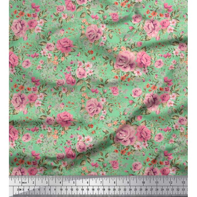 Soimoi Tissu Poly Georgette Feuilles et Imprimé Floral de Roses, Tissu au Mètre, 42 Pouces de Large