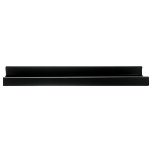 Kiera Grace Edge Picture Frame Floating Ledge, 23 x 4 inches, black floating shelf made of durable medium-density fiberboard with a minimalistic rectangular design, suitable for displaying picture frames, small plants, or decorative items, includes mounting hardware for easy wall installation.