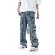 Ketyyh-chn99 Mens Stretch Jeans 2024 Casual Pants Shorts Male Personalized Fashion High Street Jeans Multi Pockets Vintage Loose Workwear Jeans Blue,XL
