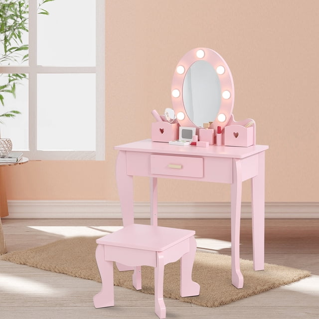 Girls' Vanity Table and Chair Set, Kids Makeup Dressing Table with Lights & Wood Makeup Playset