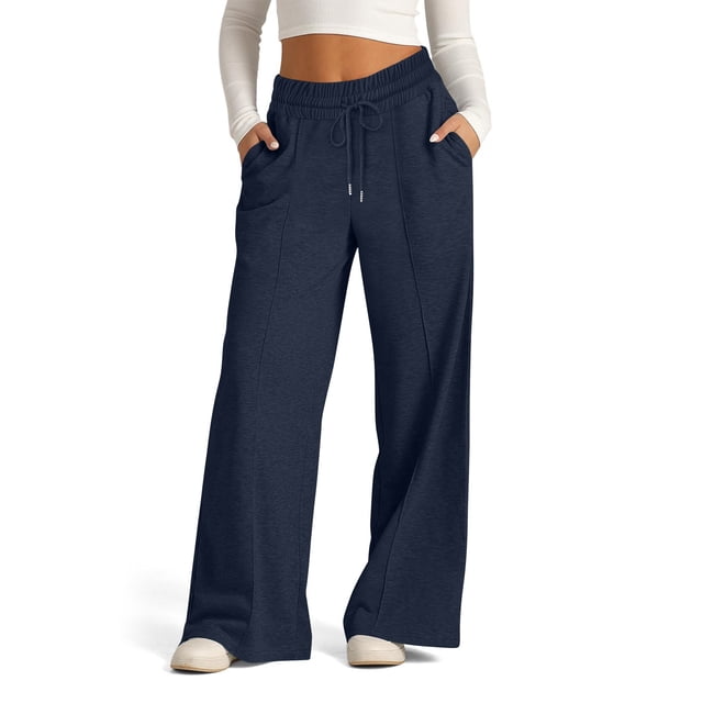 Pisexur Womens Sweatpants 2024 Ribbed Workout Jogging Pants Casual Baggy Elastic Waist Sweatpants Casual Baggy Drawstring Wide Leg Pants Solid Color Straight Leg Sweatpants with Pockets