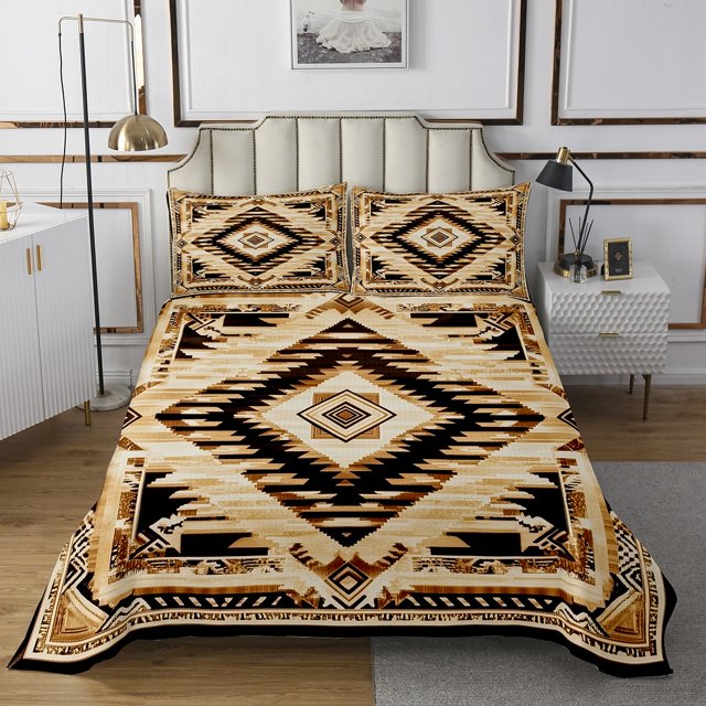 Bohemian Quilt Set Twin Size Boho Aztec Striped Bedspread Western Farmstyle Bed Set Tribe Geometry Print Quilt Set Exotic Southwestern Decor Bedding
