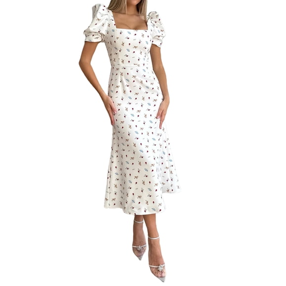 Honganda Women Summer Midi Dress Casual Short Puff Sleeve Floral Print A-Line Dress Elegant Flowy Dress