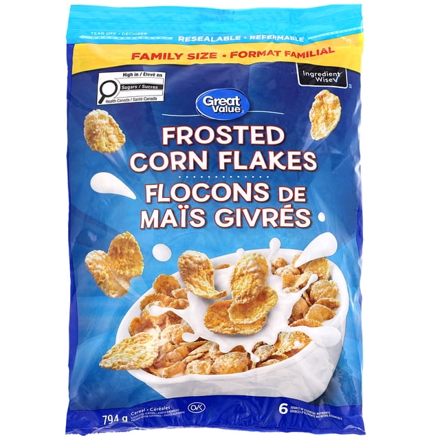 Great Value Frosted Corn Flakes Cereal family size resealable 794 g bag with blue and yellow packaging, showing frosted corn flakes splashing in milk in a white bowl, a source of 6 essential nutrients, kosher, and an Ingredient Wise product suitable for breakfast or snack recipes.