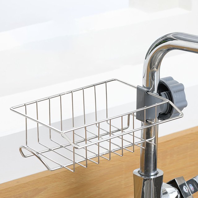 Oleegame 1PC Shower Soap Dish With Hook Kitchen Stainless Steel Faucet Storage Rack Sink Shower Basket Sponge Drain Rack Gray
