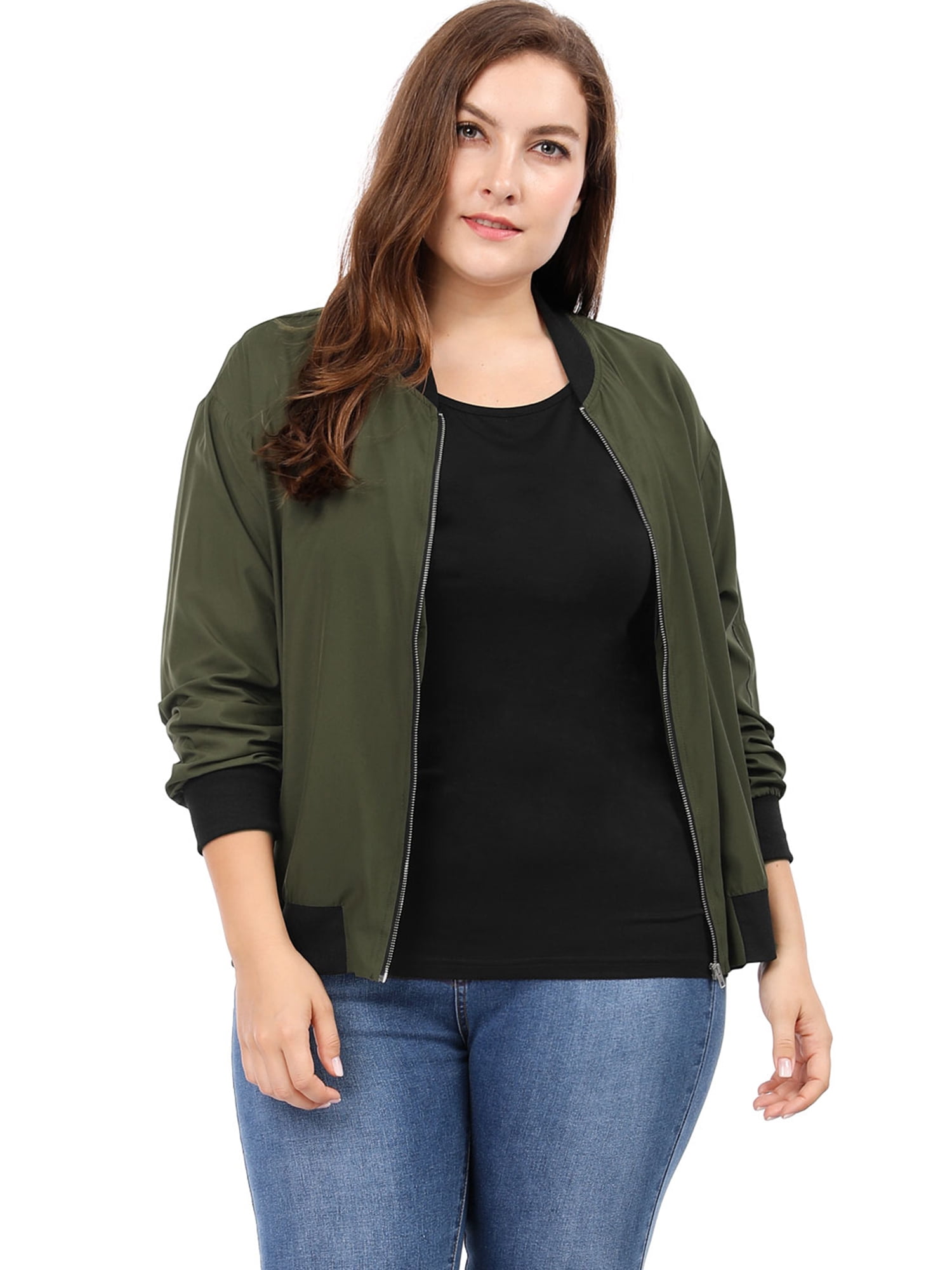 GRACE & GRANDEUR Women's Plus Size Contrast Trim Zipper Hip Length Bomber Jacket