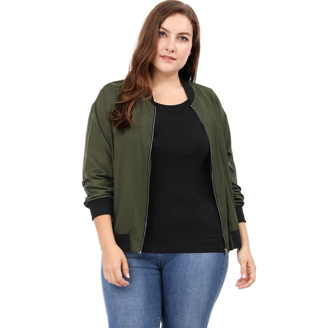GRACE & GRANDEUR Women's Plus Size Contrast Trim Zipper Hip Length Bomber Jacket