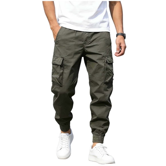 yardsong Men's Cargo Pants Elastic Waist with Pockets Hiking Sweatpants Relaxed Fit Casual Athletic Jogger Sports Outdoor Trousers Army Green,M