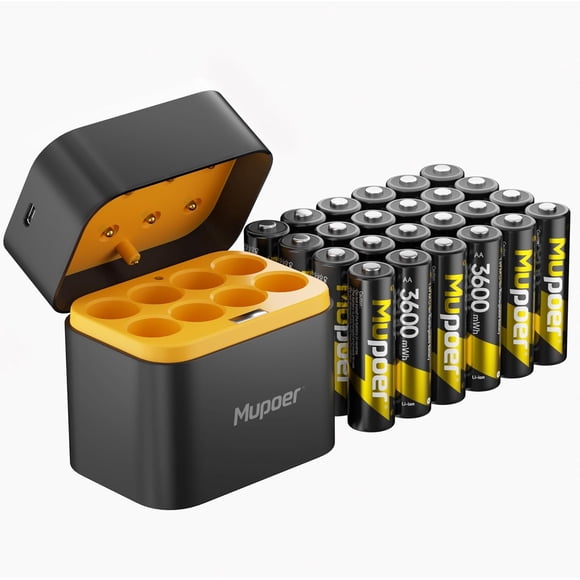 24 Pack Rechargeable Batteries AA Lithium with Charger,3600mWh Lithium Aa Battery 1.5V,Double A Batteries for Blink Cameras High Capacity,Piles AA Li-ion Battery with Charging Storage Box