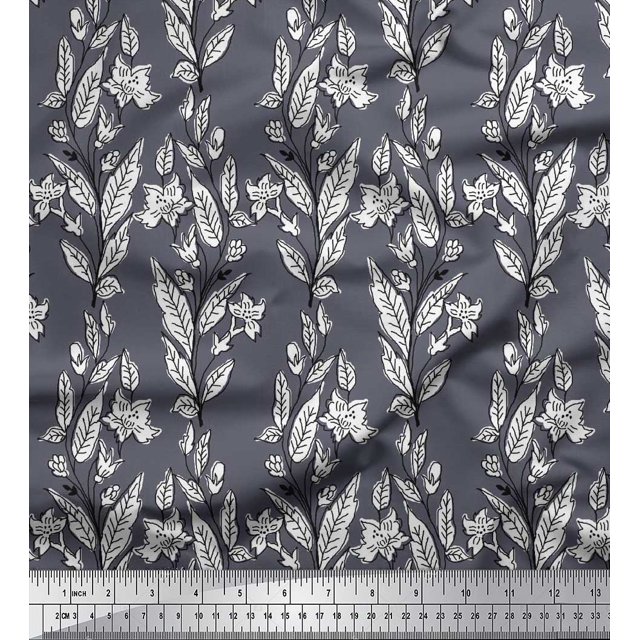 Soimoi Polyester Crepe Fabric Leaves & Floral Block Decor Fabric Printed Yard 42 Inch Wide