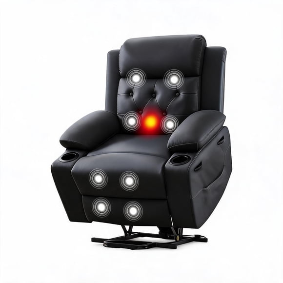 Oversized Power Lift Recliner Chair for Adults – PU Leather Lounge Chair with Massage, Heating & Vibration – Thick Sponge Padding, Electric Lift Assist, Dual Cup Holders